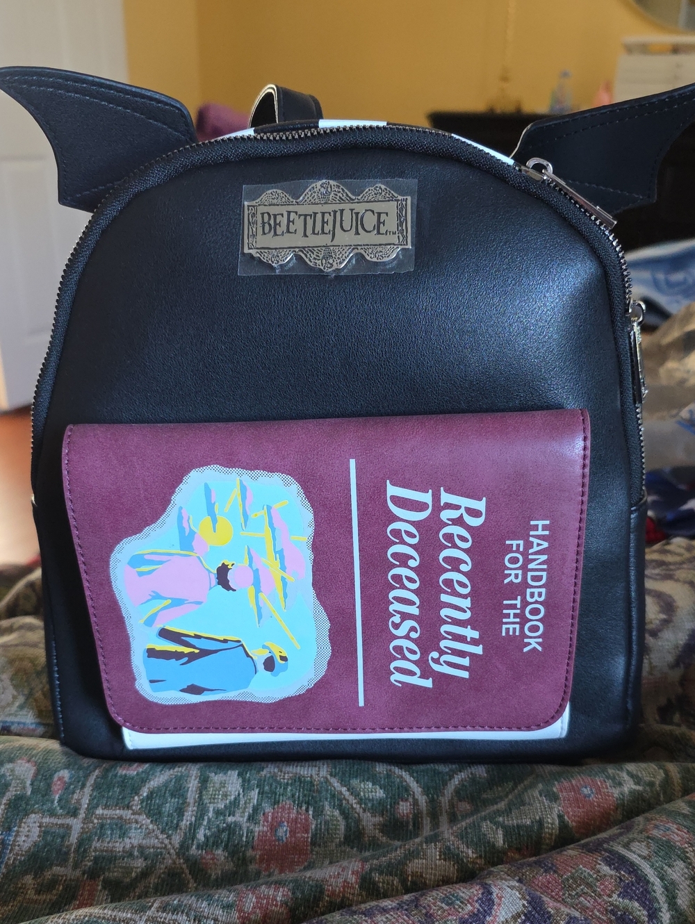 NWT Hot Topic Beetlejuice 'Recently Deceased' Black & Burgundy Mini Backpack